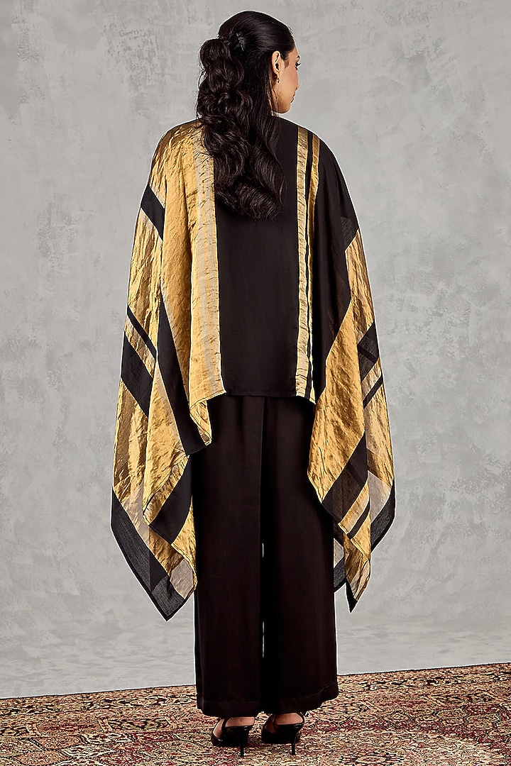 Black & Golden Chanderi Silk Tissue Asymmetric Cape Set by shivani bhargava at Pernia's Pop Up Shop