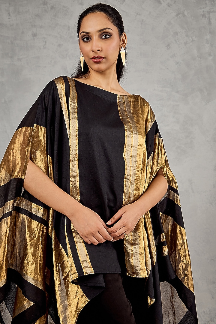 Black & Golden Chanderi Silk Tissue Asymmetric Cape Set by shivani bhargava at Pernia's Pop Up Shop