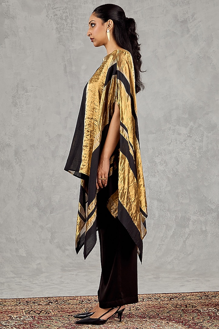 Black & Golden Chanderi Silk Tissue Asymmetric Cape Set by shivani bhargava at Pernia's Pop Up Shop