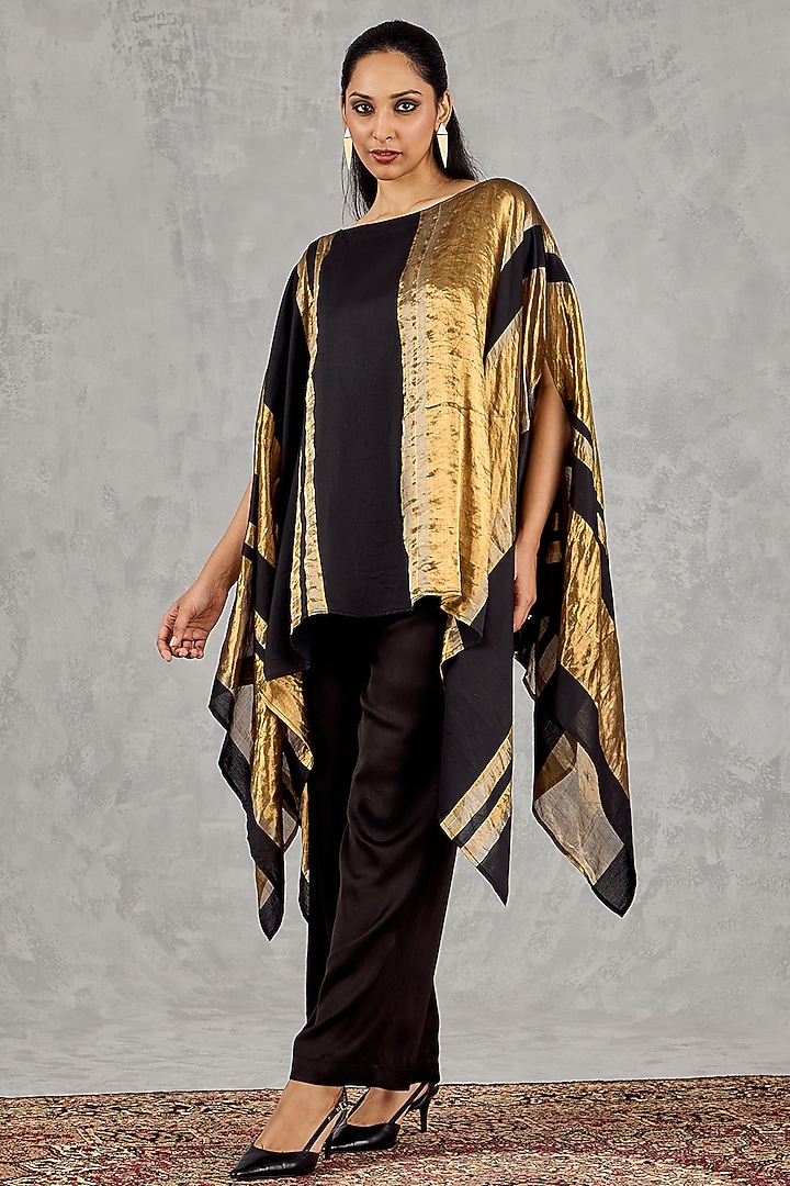 Black & Golden Chanderi Silk Tissue Asymmetric Cape Set by shivani bhargava at Pernia's Pop Up Shop