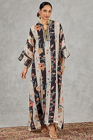 Black & White Chanderi Floral Printed Kaftan by shivani bhargava