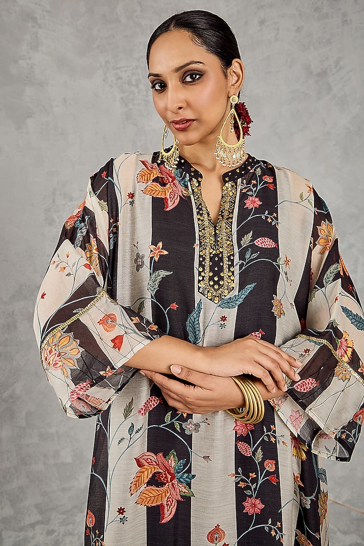 Black & White Chanderi Floral Printed Kaftan by shivani bhargava at Pernia's Pop Up Shop