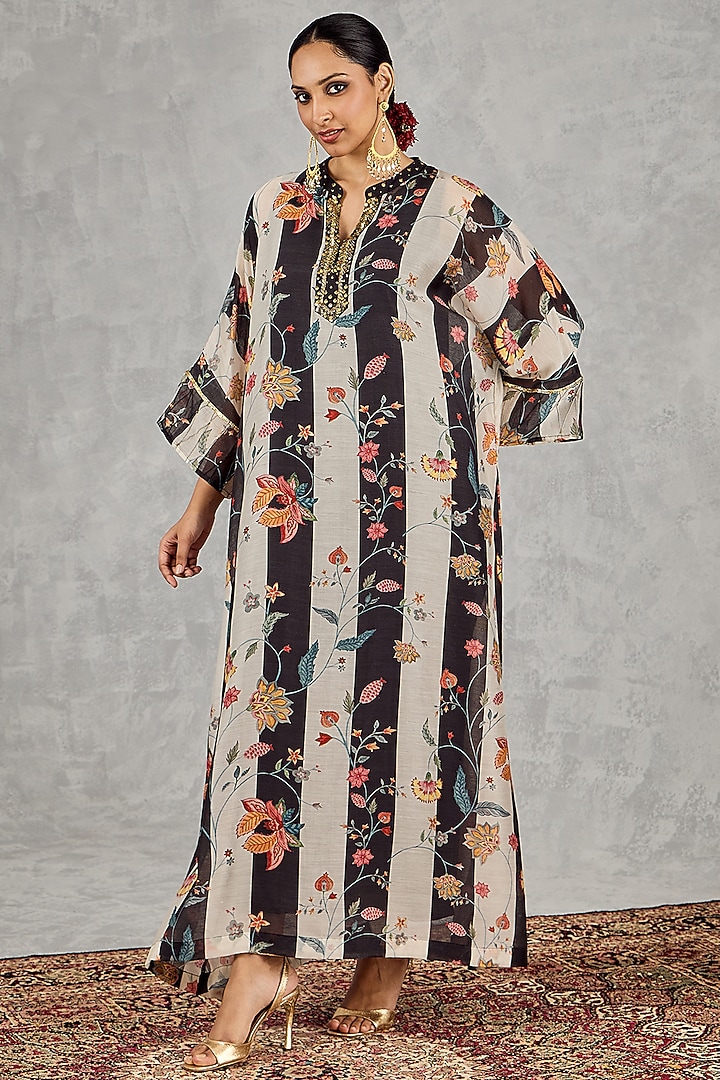 Black & White Chanderi Floral Printed Kaftan by shivani bhargava at Pernia's Pop Up Shop