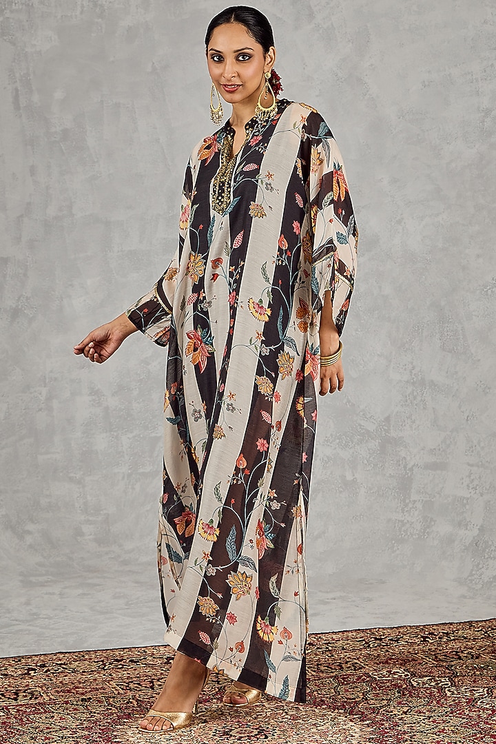 Black & White Chanderi Floral Printed Kaftan by shivani bhargava at Pernia's Pop Up Shop