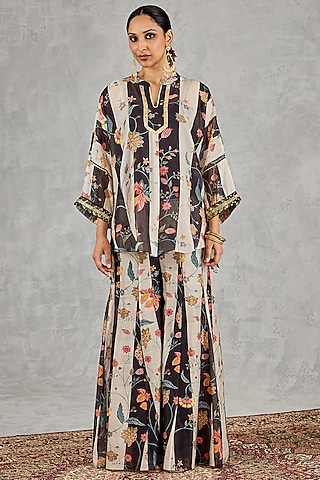 Black & White Chanderi Floral Printed Sharara Set by shivani bhargava