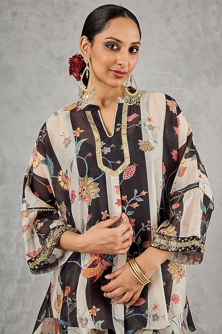 Black & White Chanderi Floral Printed Party Wear Sharara Set by shivani bhargava at Pernia's Pop Up Shop