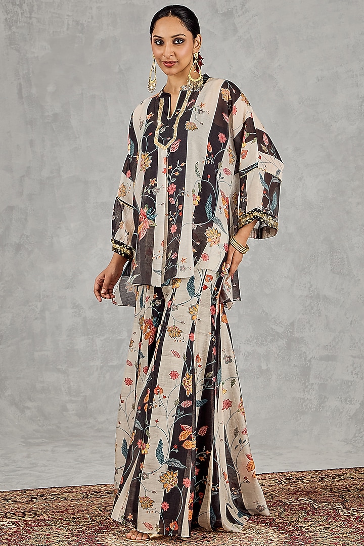 Black & White Chanderi Floral Printed Party Wear Sharara Set by shivani bhargava at Pernia's Pop Up Shop