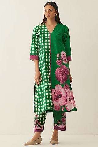 Green Giza Cotton Printed Kurta Set by Shivani Bhargava