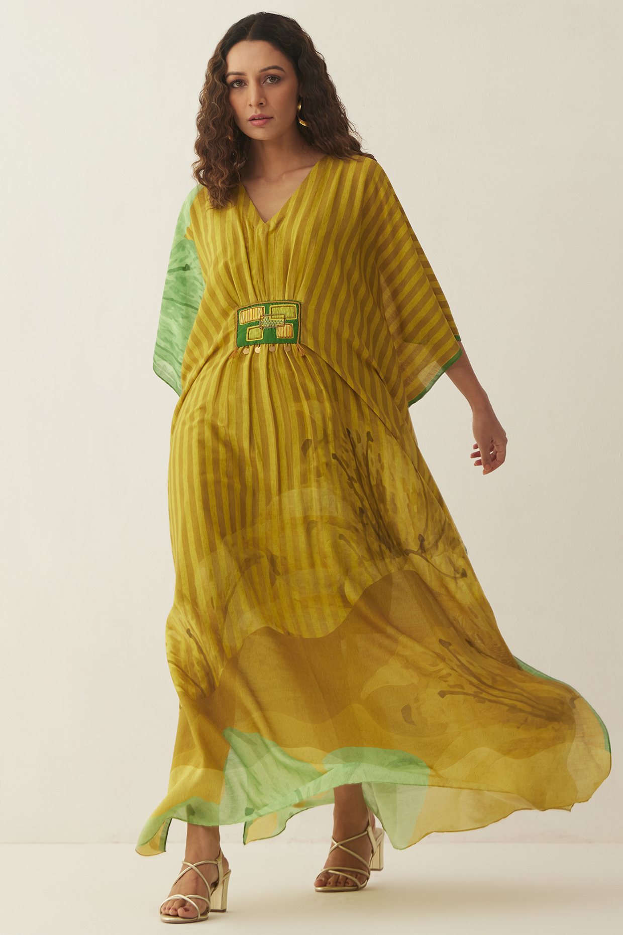 Mustard Chanderi Floral Printed Kaftan by Shivani Bhargava