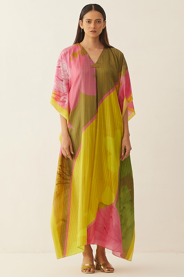 Multi-Colored Natural Silk Embroidered Kaftan by Shivani Bhargava