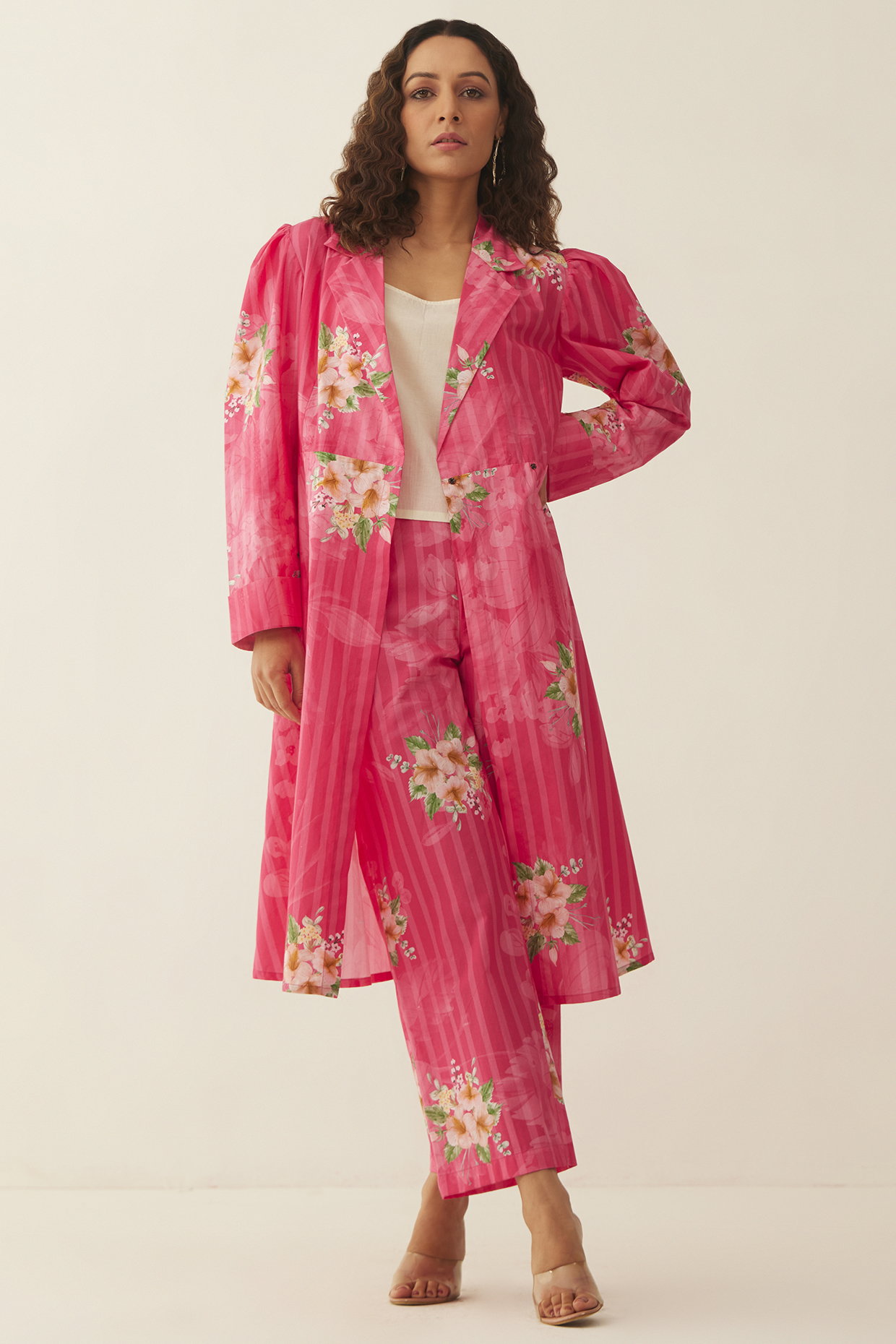 Pink Giza Cotton Floral Printed Jacket Set by Shivani Bhargava