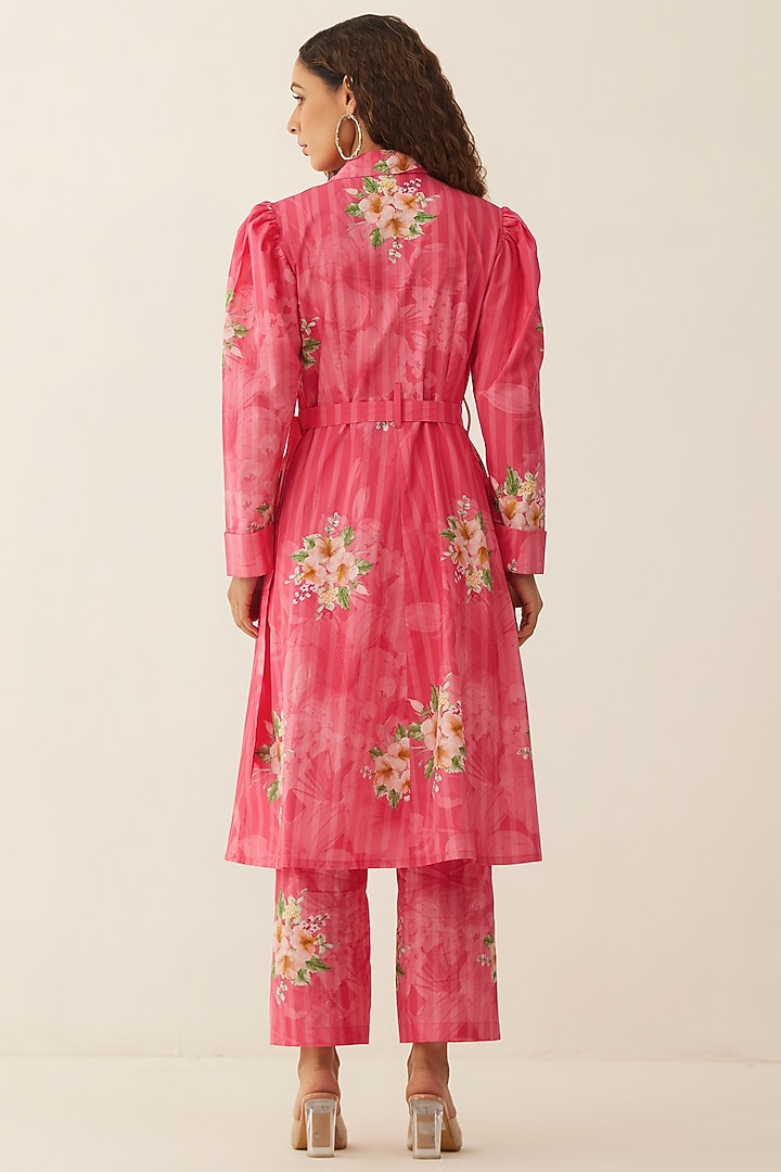 Pink Giza Cotton Floral Printed Jacket Set by Shivani Bhargava at Pernia's Pop Up Shop