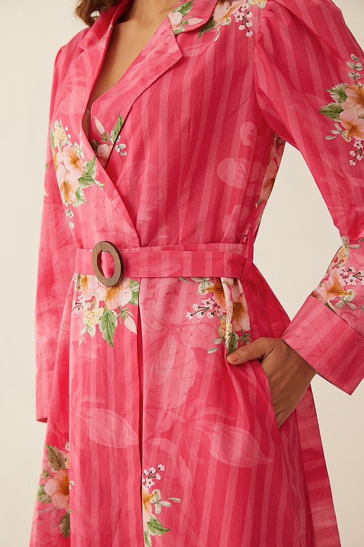 Pink Giza Cotton Floral Printed Jacket Set by Shivani Bhargava at Pernia's Pop Up Shop