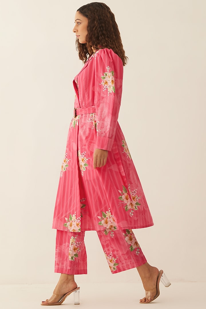 Pink Giza Cotton Floral Printed Jacket Set by Shivani Bhargava at Pernia's Pop Up Shop