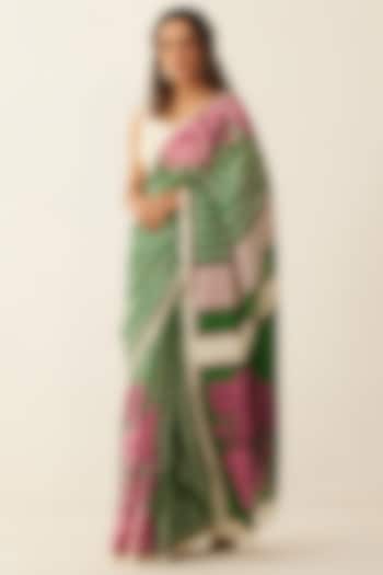 Green & Off-White Handwoven Natural Silk Printed Saree by Shivani Bhargava