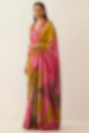 Multi-Colored Handwoven Natural Silk Printed Saree Set by Shivani Bhargava
