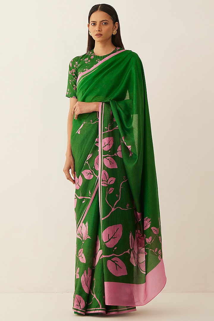 Green & Pink Natural Silk Floral Printed Saree Set by Shivani Bhargava