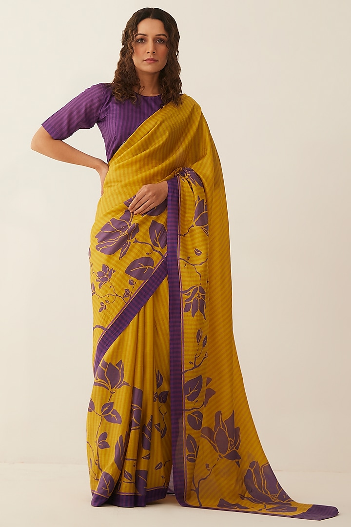 Mustard & Purple Natural Silk Floral Printed Saree Set by Shivani Bhargava