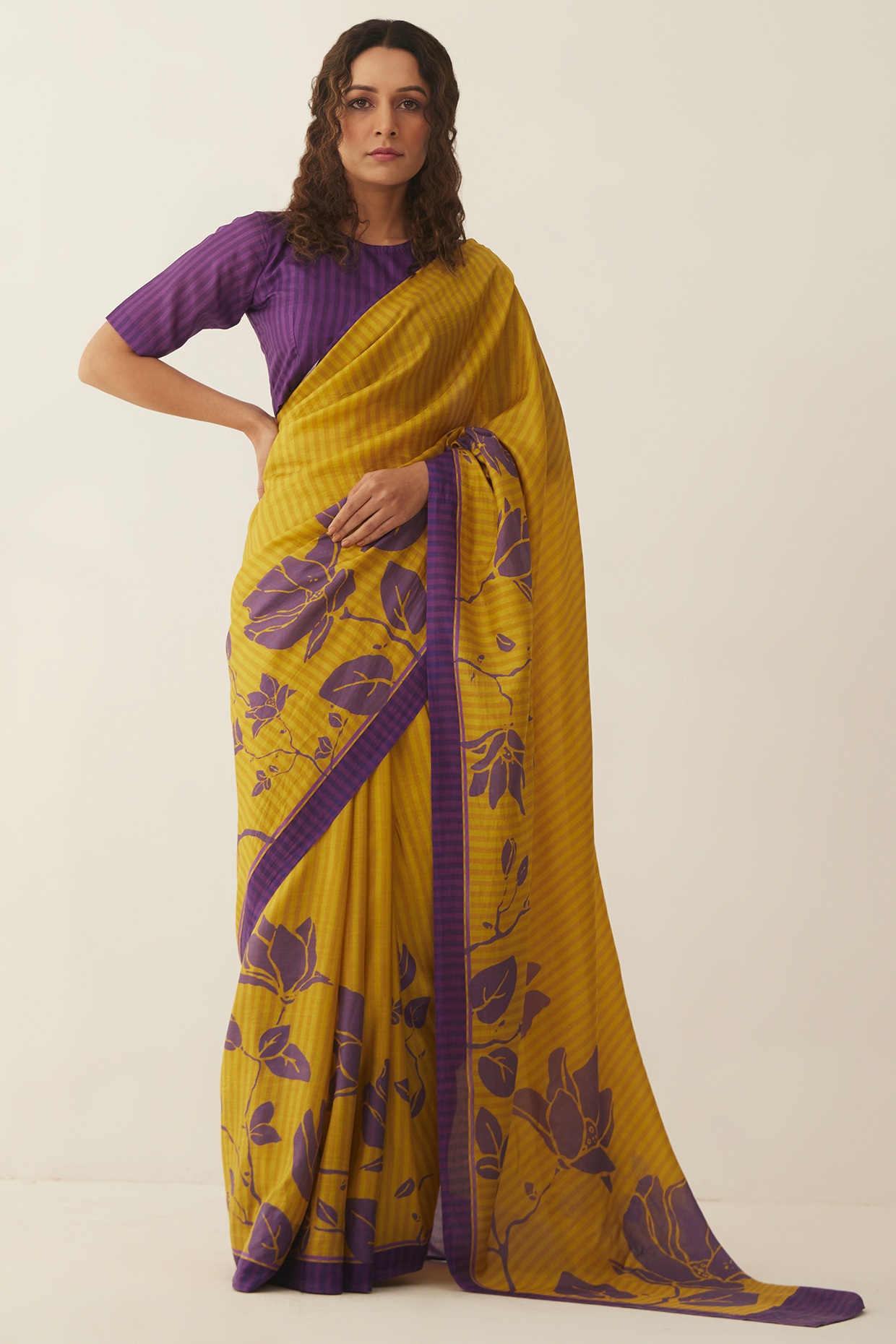 Mustard & Purple Natural Silk Floral Printed Saree Set by Shivani Bhargava