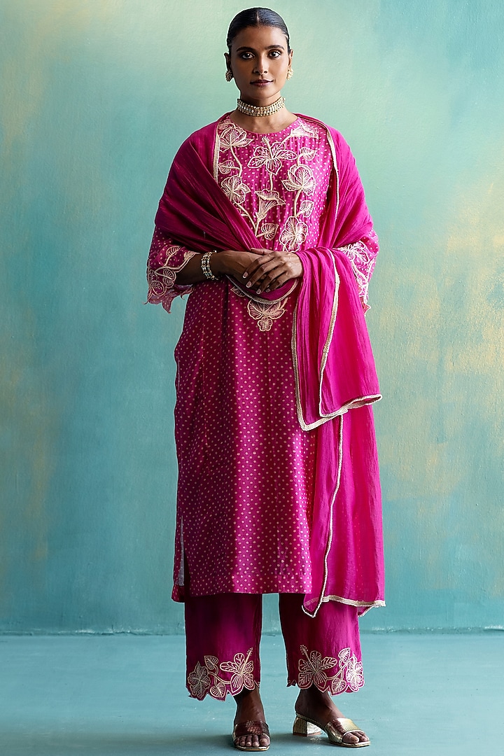 Hot Pink Handwoven Chanderi Embroidered Kurta Set by Shivani Bhargava