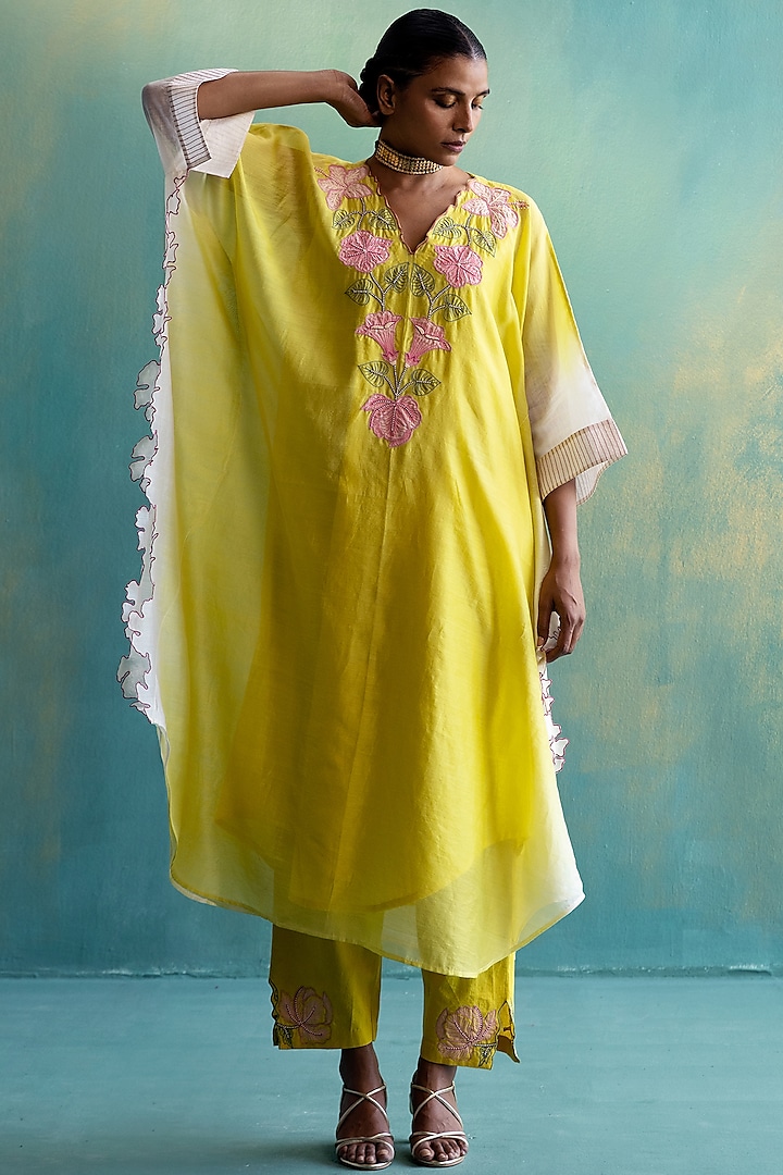 Yellow Handwoven Chanderi Embroidered Kaftan Set by Shivani Bhargava
