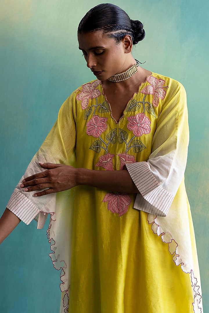 Yellow Handwoven Chanderi Embroidered Kaftan Set by Shivani Bhargava at Pernia's Pop Up Shop