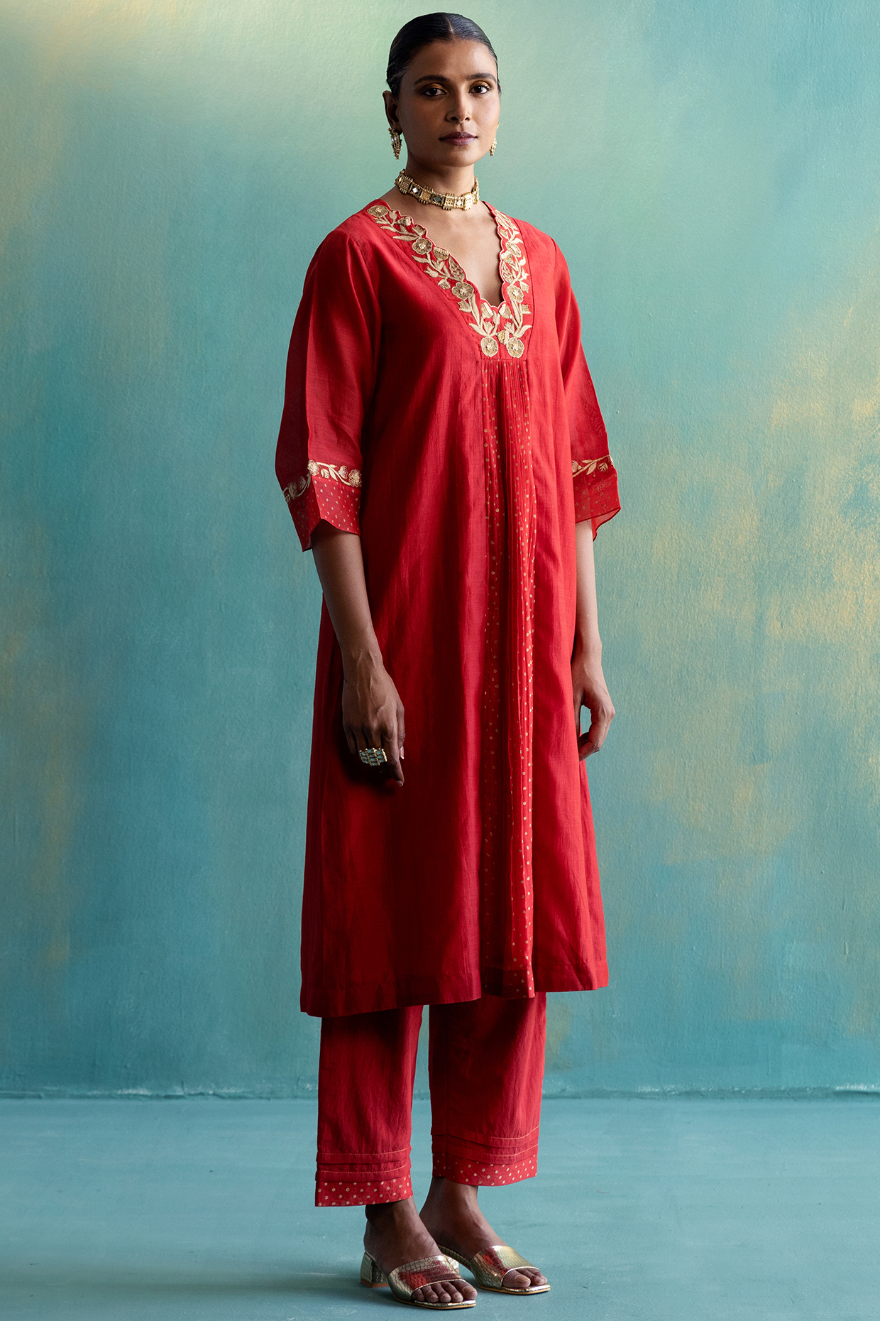 Red Chanderi Hand Embroidered & Printed Kurta Set by Shivani Bhargava