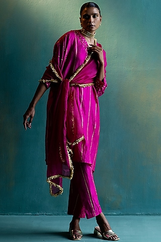 Pink Silk Embroidered Kurta Set by Shivani Bhargava
