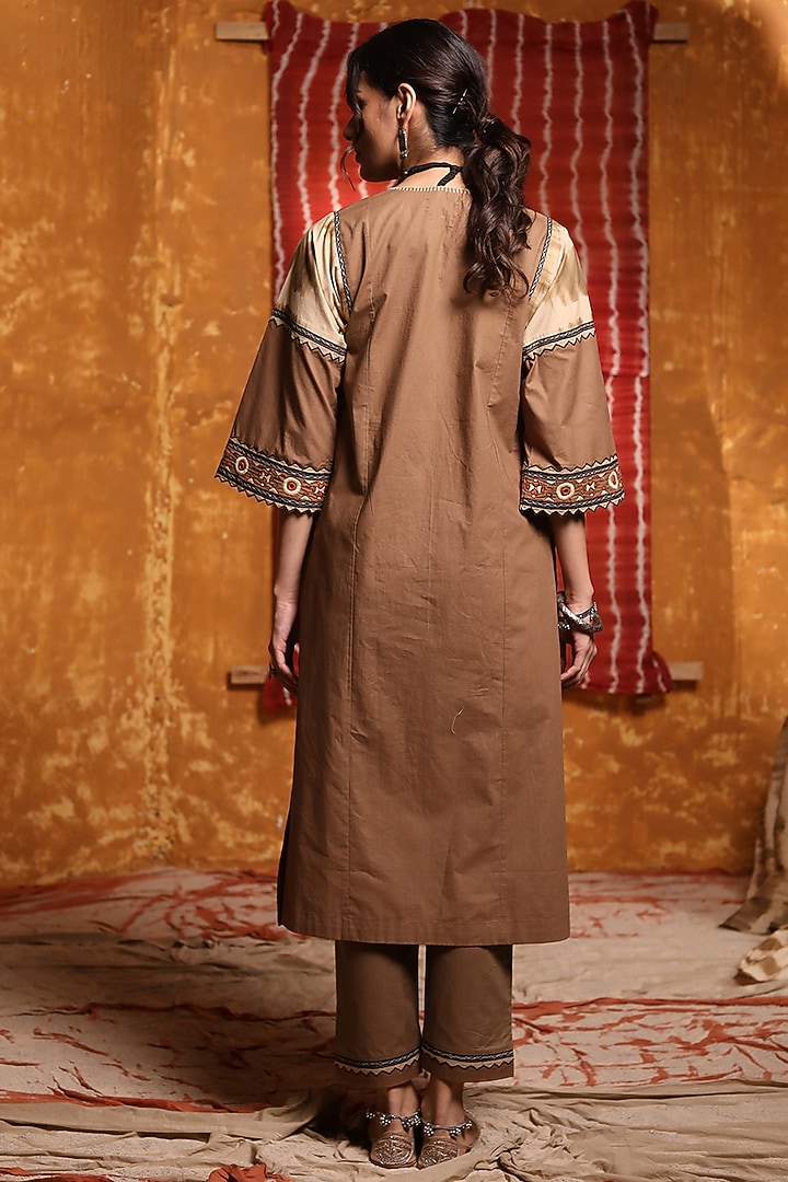 Beige-Brown Cotton Embroidered & Tie-Dyed Kurta Set by Shivani Bhargava at Pernia's Pop Up Shop