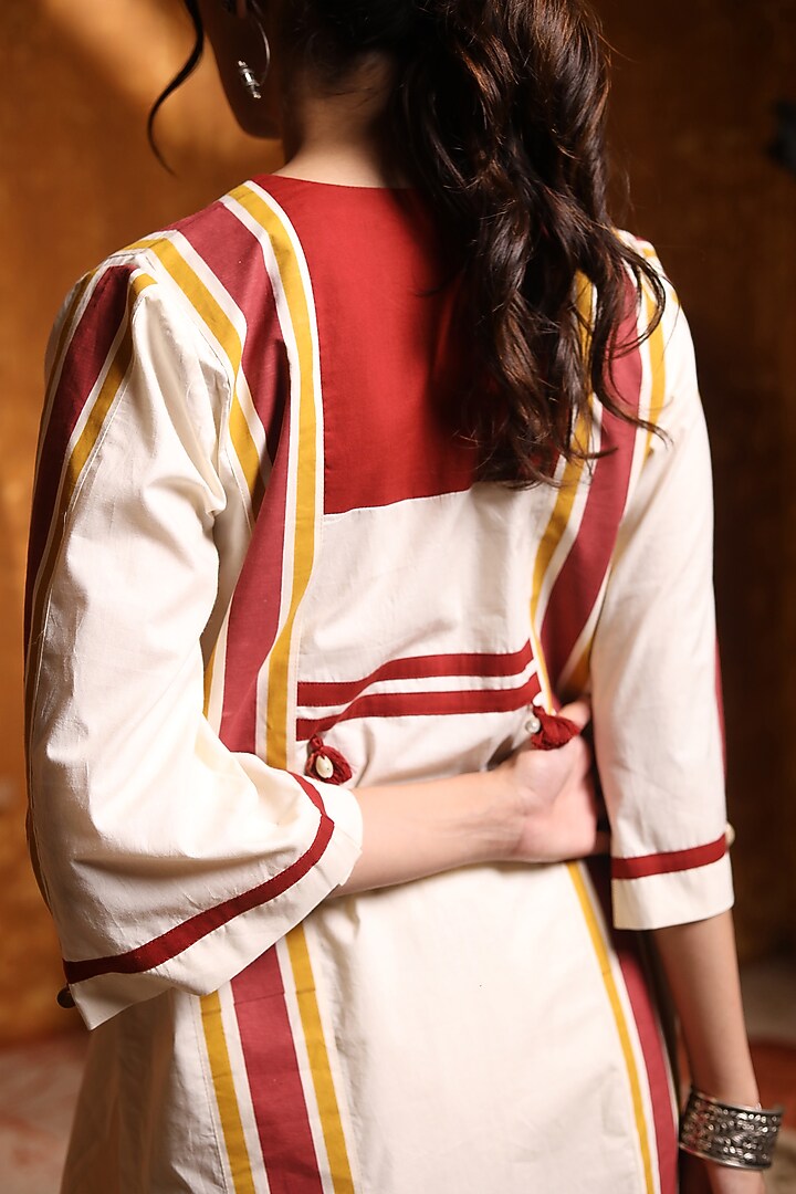Ivory Cotton Embroidered & Color Blocked Kurta Set by Shivani Bhargava at Pernia's Pop Up Shop