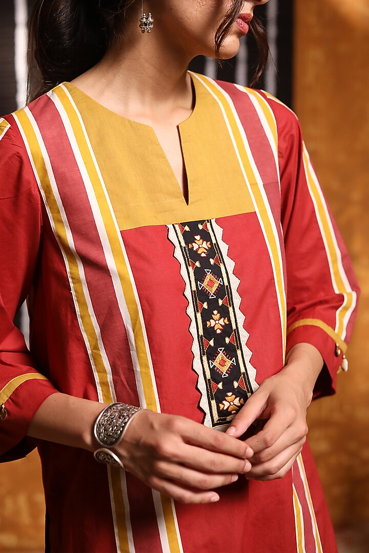 Maroon Cotton Embroidered & Color Blocked Kurta Set by Shivani Bhargava at Pernia's Pop Up Shop