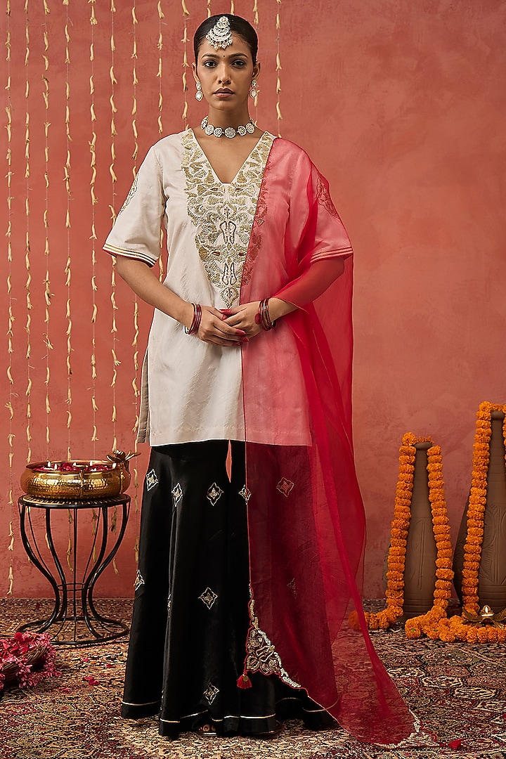 Black Mashru Silk Boota Embroidered Sharara Set by Shivani Bhargava at Pernia's Pop Up Shop