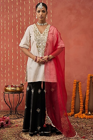 Black Mashru Silk Boota Embroidered Sharara Set by Shivani Bhargava