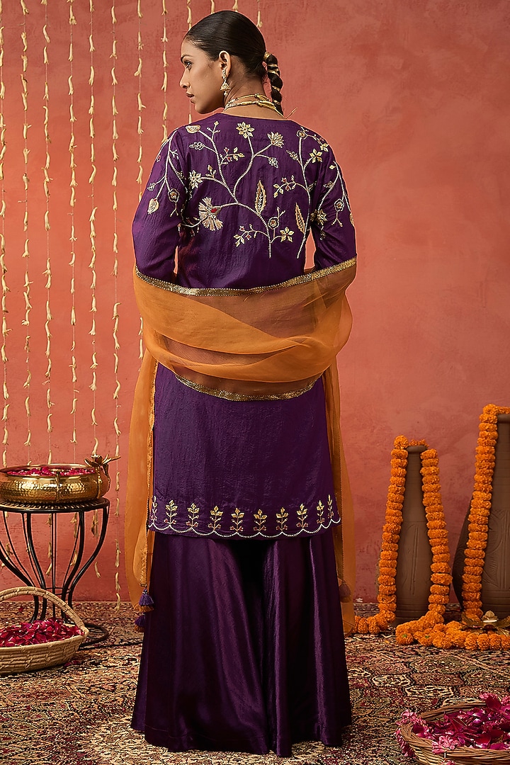 Purple Mashru Silk Gota Hand Embroidered Party Wear Sharara Set by Shivani Bhargava at Pernia's Pop Up Shop