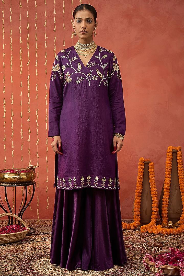 Purple Mashru Silk Gota Hand Embroidered Party Wear Sharara Set by Shivani Bhargava at Pernia's Pop Up Shop