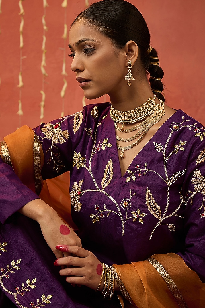 Purple Mashru Silk Gota Hand Embroidered Party Wear Sharara Set by Shivani Bhargava at Pernia's Pop Up Shop