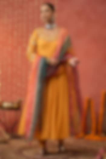 Mustard Chanderi Thread Hand Embroidered Wedding Anarkali Set by Shivani Bhargava at Pernia's Pop Up Shop