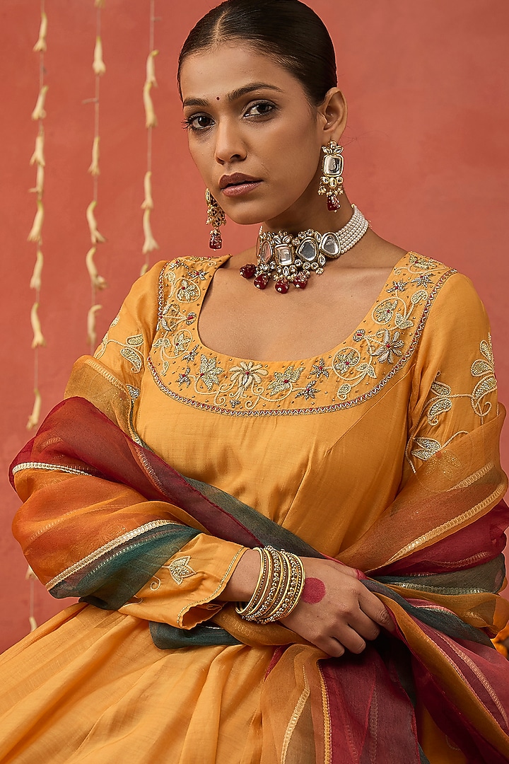 Mustard Chanderi Thread Hand Embroidered Wedding Anarkali Set by Shivani Bhargava at Pernia's Pop Up Shop