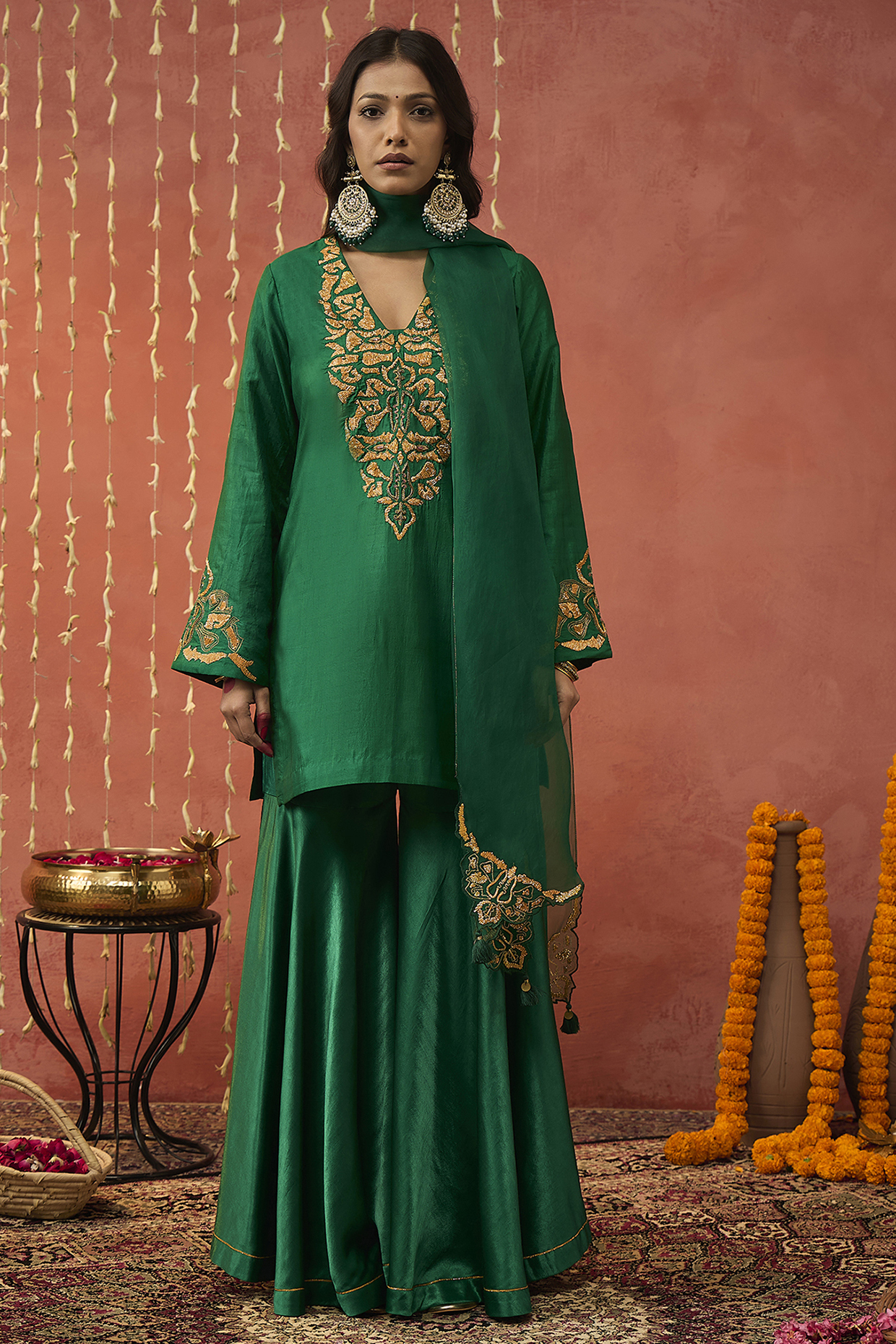 Green Mashru Silk Party Wear Sharara Set by Shivani Bhargava at Pernia's Pop Up Shop