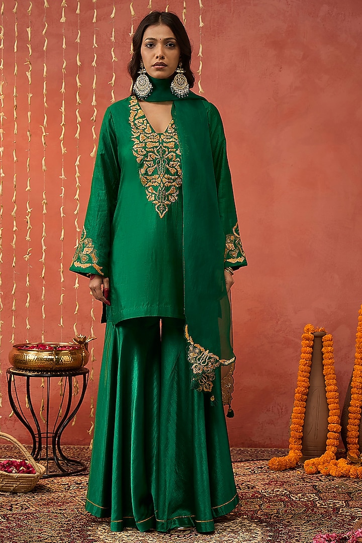 Green Mashru Silk Party Wear Sharara Set by Shivani Bhargava at Pernia's Pop Up Shop