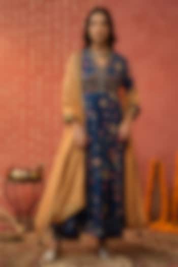 Blue Chanderi Chintz Printed & Hand Embroidered Party Wear Anarkali Set by Shivani Bhargava at Pernia's Pop Up Shop