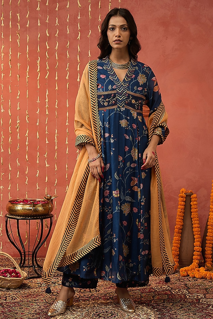 Blue Chanderi Chintz Printed & Hand Embroidered Party Wear Anarkali Set by Shivani Bhargava at Pernia's Pop Up Shop
