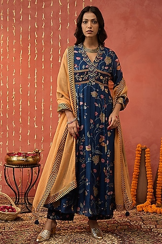 Blue Chanderi Chintz Printed & Hand Embroidered Anarkali Set by Shivani Bhargava