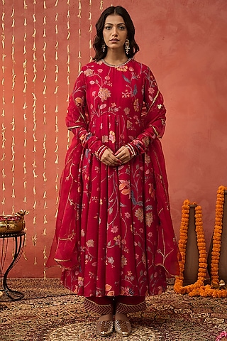 Red Chanderi Chintz Printed & Hand Embroidered Anarkali Set by Shivani Bhargava