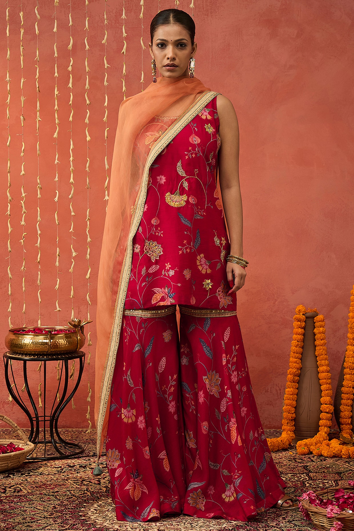 Red Chanderi Chintz Printed Sharara Set by Shivani Bhargava at Pernia's ...