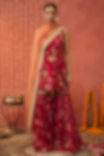 Red Chanderi Chintz Printed Party Wear Sharara Set by Shivani Bhargava at Pernia's Pop Up Shop
