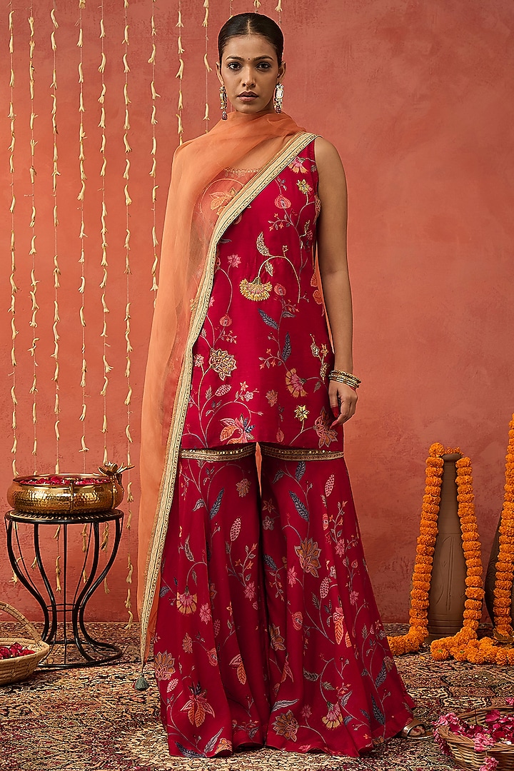 Red Chanderi Chintz Printed Party Wear Sharara Set by Shivani Bhargava at Pernia's Pop Up Shop