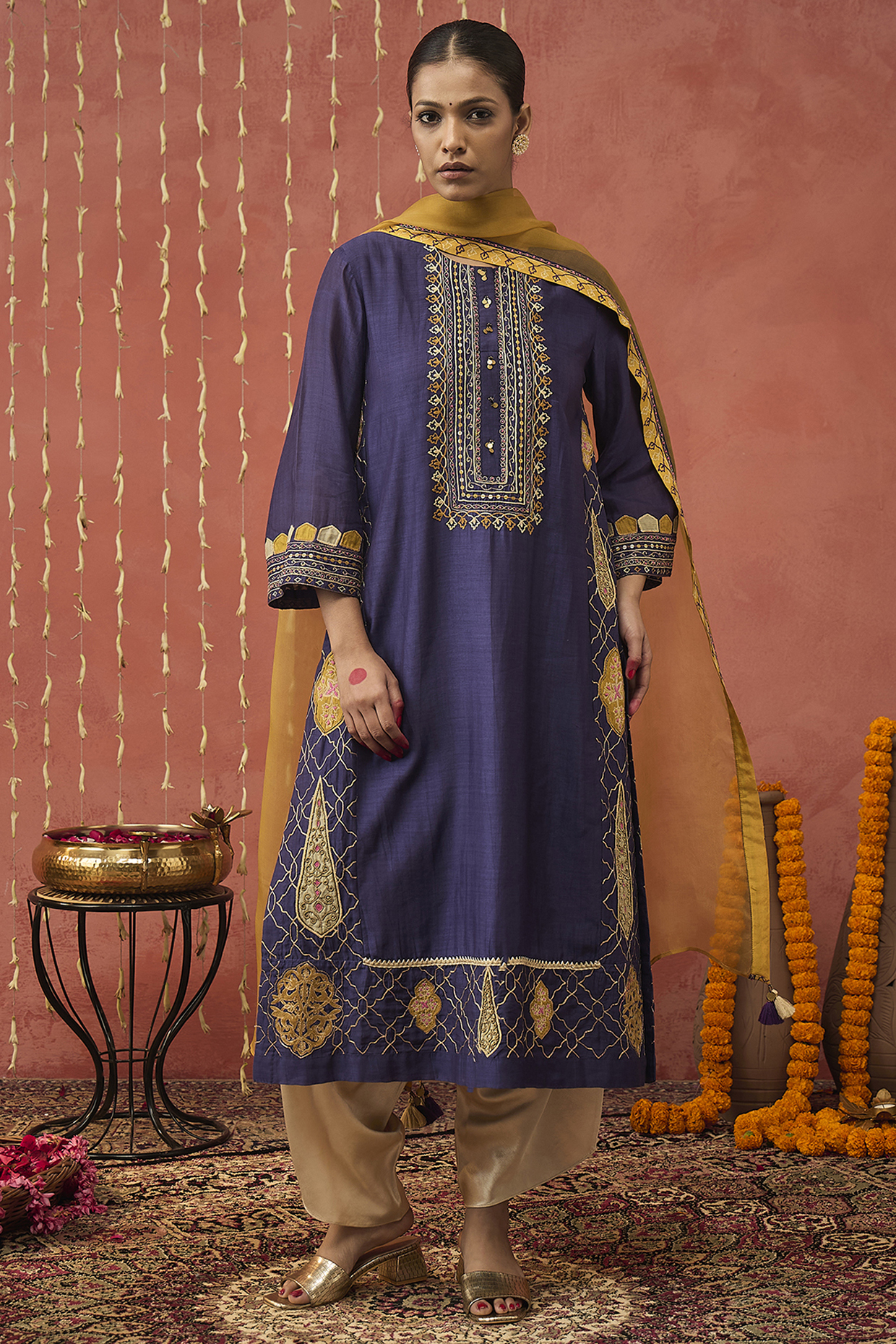 Purple Chanderi Motif & Thread Embroidered Kurta Set by Shivani Bhargava at Pernia's Pop Up Shop
