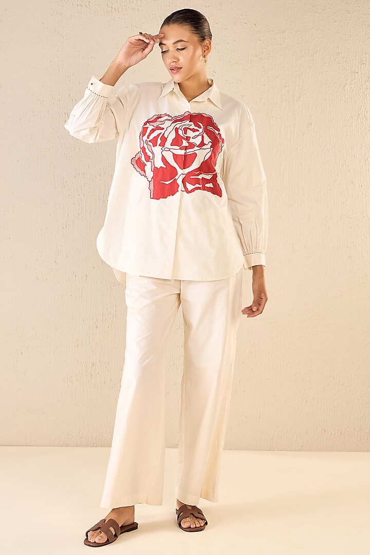 Ivory Cotton Floral Applique Embroidered Co-Ord Set by Shivani Bhargava at Pernia's Pop Up Shop