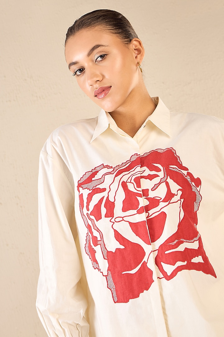 Ivory Cotton Floral Applique Embroidered Co-Ord Set by Shivani Bhargava at Pernia's Pop Up Shop